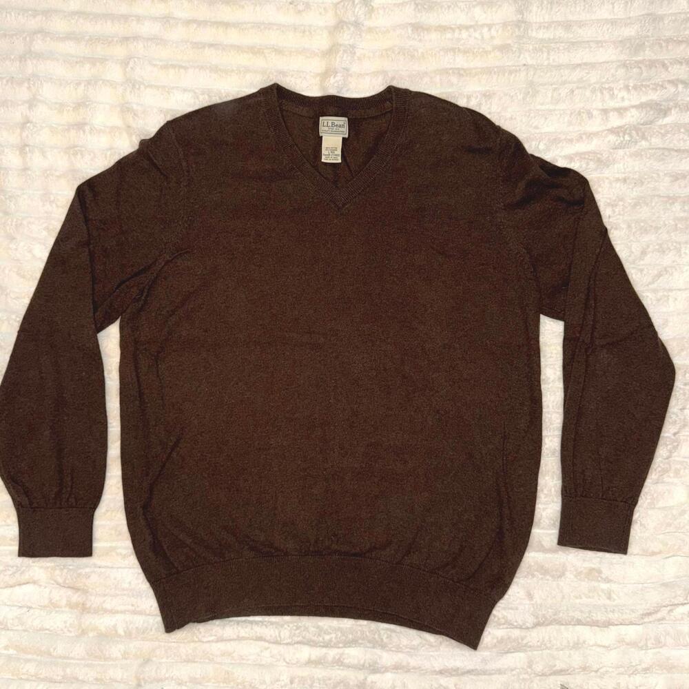 Vintage LL Bean Sweater Men Large Brown Vneck Cotton Cashmere Grandpacore Preppy